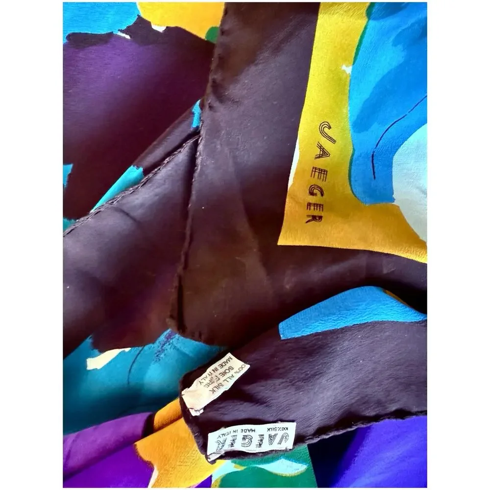 Jaeger 1980s Silk Scarf Blue Purple Abstract Floral 33x35 Made in Italy